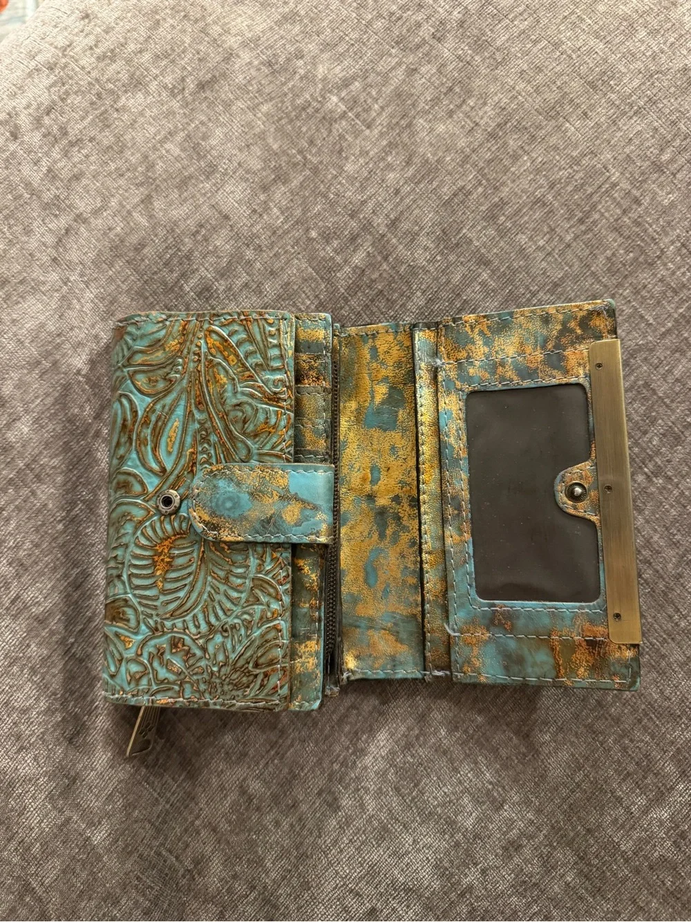 Patricia Nash Teal Embossed Leather Wallet with Brass Accent